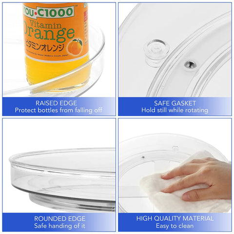 Two Pack Lazy Susan Cabinet Organizer Rotating Turntable For Cabinets Pantries Countertops Tables And Fridges 10.5 Inch Plastic Round Organizer features raised edge, safe gasket, rounded edge, high quality material details.