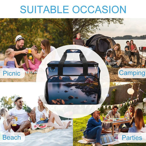 Leakproof Insulated Picnic Backpack Cooler Bag With 30L Capacity for Beach, Camping, and Outdoor Adventures, shown in various outdoor settings.