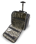 Underseat Carry On Luggage With Wheels open view showing spacious main compartment and push button trolley handle extended