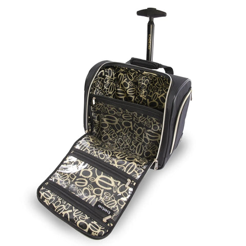 Underseat Carry On Luggage With Wheels open view showing spacious main compartment and push button trolley handle extended