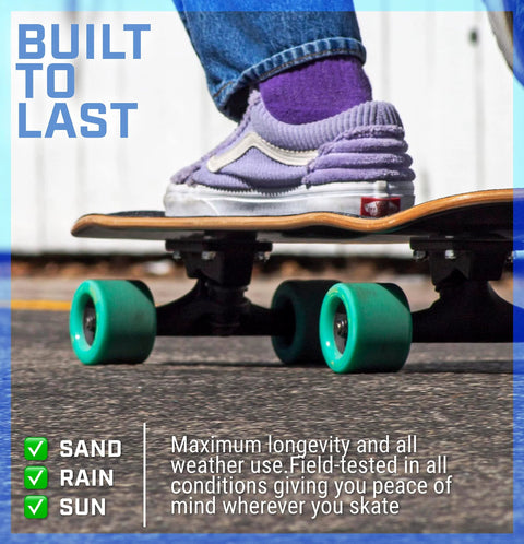 Fireball Dragon ceramic skateboard bearings; side view of skateboard with teal wheels and purple sneaker outdoors.