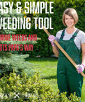 Woman holding Stand Up Weed Puller Tool With Heavy Duty 4-Claw Steel Head And Solid Bamboo Handle, smiling in garden