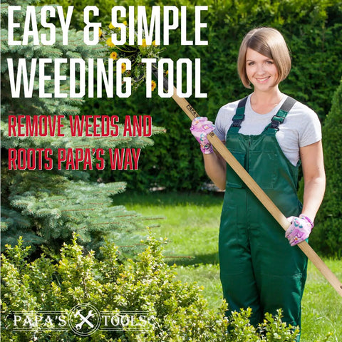 Woman holding Stand Up Weed Puller Tool With Heavy Duty 4-Claw Steel Head And Solid Bamboo Handle, smiling in garden