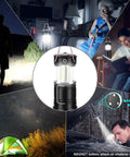 Two Pack USB Rechargeable Camping Lanterns 2-In-1 LED Hurricane Lights showing magnetic base and versatile use scenarios