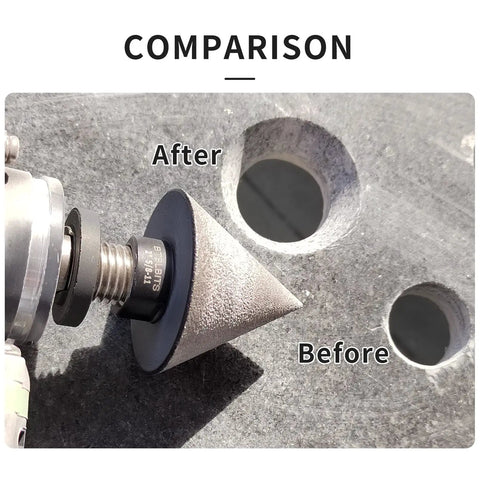 Pro Grade Diamond Beveling Chamfer Bit For Tile And Stone, 2 Inch Diameter, shaping edges in ceramic before and after comparison