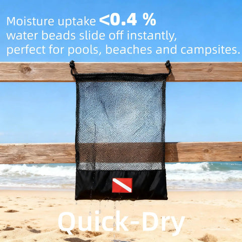 Three Pack Scuba Diving Mesh Bags SMB Pouches For Gear And Snorkeling Equipment Beach Ready Wet Gear Bags drying on a fence