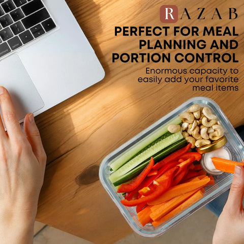 Person holding a 30 Piece Glass Food Storage Container Set with lids for meal prep and leftovers, airtight leakproof snap locking lids.