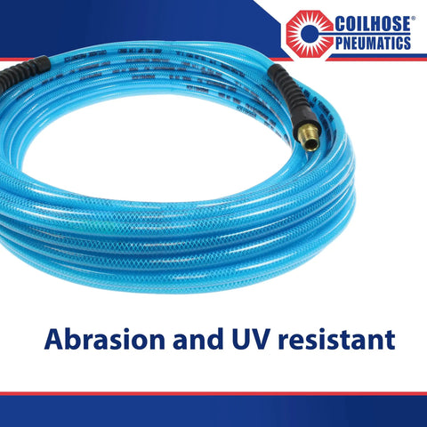 Kink Resistant Flexeel Reinforced Polyurethane Air Hose 1/4 Inch ID 100 Foot With 2 1/4 Inch MPT Reusable Strain Relief Fittings For Indoor And Outdoor Use