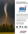 Tornado warning image with NOAA logo and WR120B NOAA Emergency Weather Alert Radio With Localized Programming details