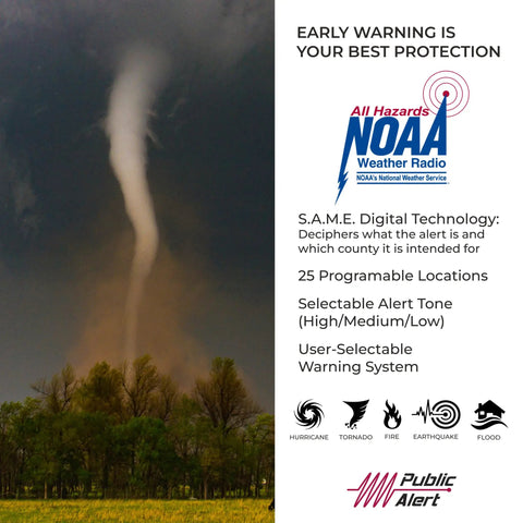Tornado warning image with NOAA logo and WR120B NOAA Emergency Weather Alert Radio With Localized Programming details