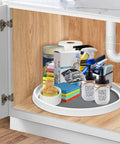 Set Of Two 12 Inch Non Skid Lazy Susan Organizer Smooth Spinning Turntable For Pantry Cabinet Kitchen Storage with cleaning supplies.