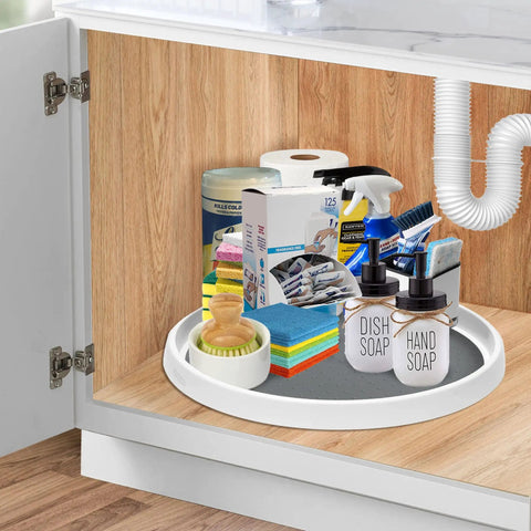 Set Of Two 12 Inch Non Skid Lazy Susan Organizer Smooth Spinning Turntable For Pantry Cabinet Kitchen Storage with cleaning supplies.