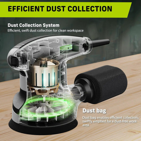 Cutaway view of Beefy 3.0A 360W Random Orbital Sander Kit, 14000 RPM, 5 Inch with dust collection system and bag.