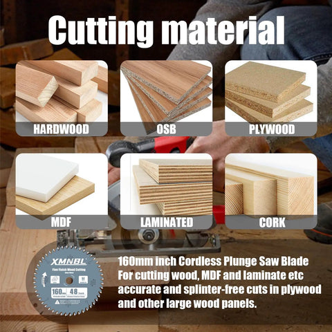 Cutting materials for 160mm Track Saw Blade with 48 Teeth Thin Kerf and Durable Carbide Tips for wood, MDF, and laminate