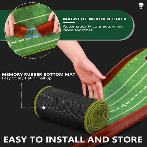 Indoor Putting Green With Auto Ball Return Real Turf Feel Putting Mat Wrinkle-Free Velvet Surface, rolled with hand