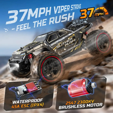 DEERC 209E 1:10 Scale Brushless RC Car For Adults And Kids, 60 KMH Top Speed 4WD Off Road Remote Control Truck on rocky terrain