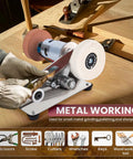 Pro Mini Belt Sander And 15 Degree Belt Grinder With Seven Speeds For Knife Sharpening Woodworking Metalworking Jewelry Diy Sanding Polishing Powered By A Slick 795 Watt Motor That Runs Like A Champ on a wooden workbench with hands using it.