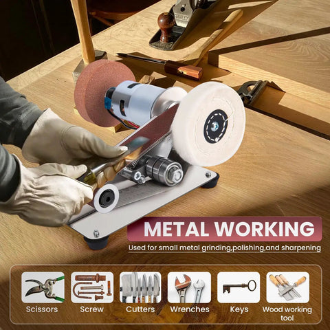 Pro Mini Belt Sander And 15 Degree Belt Grinder With Seven Speeds For Knife Sharpening Woodworking Metalworking Jewelry Diy Sanding Polishing Powered By A Slick 795 Watt Motor That Runs Like A Champ on a wooden workbench with hands using it.