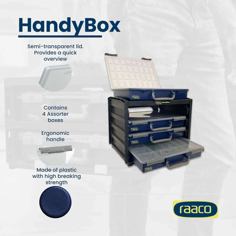 HandyBox Toolbox Storage And Carrying System with four drawer compartments for nuts, bolts, and screws, polypropylene plastic.