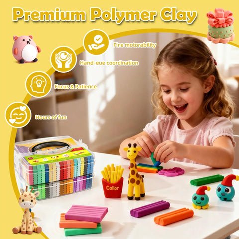 Child playing with 52-color polymer clay kit with sculpting tools and storage box for starter-friendly beginners, oven bake DIY modeling clay.