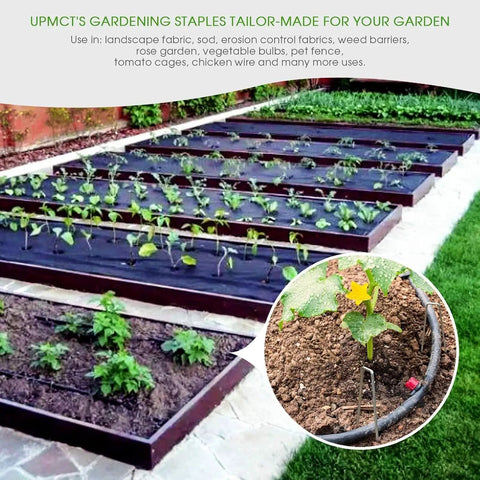 Heavy Duty 12 Inch Galvanized Landscape Staples U Shaped Ground Stakes securing garden fabric in vegetable garden