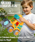 Child playing with Bubble Machine For Toddlers And Kids Vehicle Bubbles Lawn Mower Toy Rechargeable Bubble Blower in yellow.