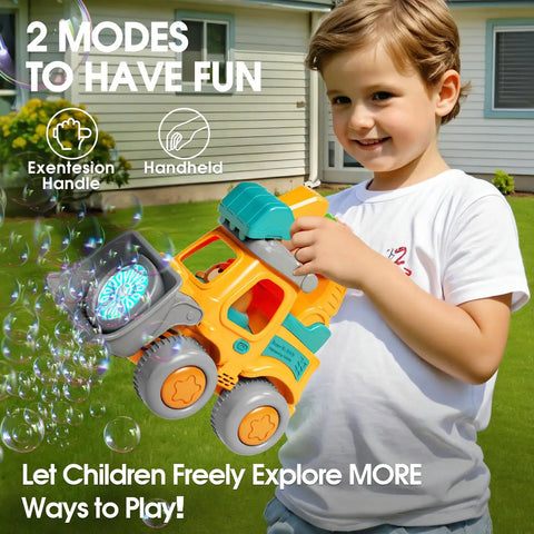 Child playing with Bubble Machine For Toddlers And Kids Vehicle Bubbles Lawn Mower Toy Rechargeable Bubble Blower in yellow.