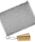 Cast Iron Scrubber With Stainless Steel Chainmail, 8x6 Inch Skillet Cleaner for Preseasoned Pans shown with label