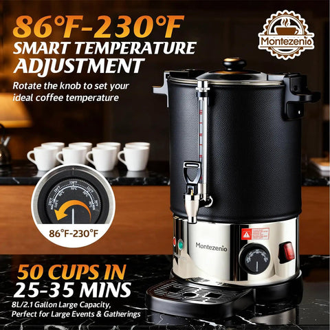 Boss Level 50 Cup Coffee Urn With Temperature Control And 1200W Power for Office Party Catering with stainless steel body