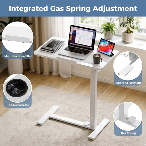 Adjustable Bedside Table With Pneumatic Lift And Hidden Wheels Portable Space Saving Mobile Standing Desk For Bed Or Couch Computer Workstation Cart For Home Office And Living Space White in living room setup with laptop and tablet