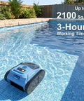 Cordless Robotic Pool Cleaner For Inground Pools 2026 Upgrade cleaning pool, 180 Minute Run Time shown, blue unit on water surface