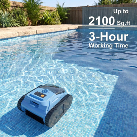 Cordless Robotic Pool Cleaner For Inground Pools 2026 Upgrade cleaning pool, 180 Minute Run Time shown, blue unit on water surface