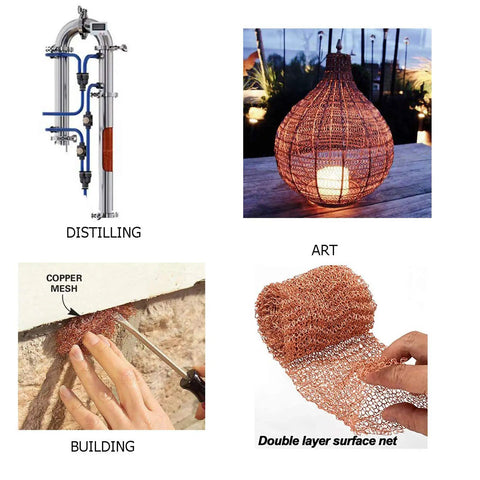 Collage showing copper mesh in distilling, art lamp, building, and double layer surface applications. Highlight: versatile use.
