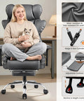 Woman sitting on Boss Level Big And Tall Office Chair With Footrest And Lumbar Support, Extra Wide 23.6 Inch Seat, Gray.