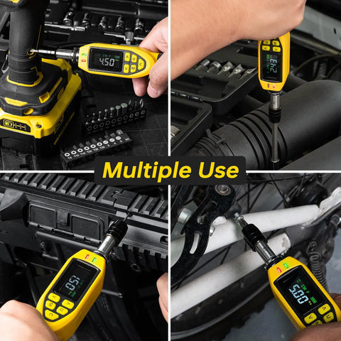 Pro Grade Digital Torque Screwdriver Kit With Three Point Five To Seventy Point Eight Inch Pound Range And One Percent Accuracy For Bike Repair Electronics And Scope Mounting With Buzzer And LED Alerts Plus S2 Bits being used in various applications including bike maintenance and electronics.