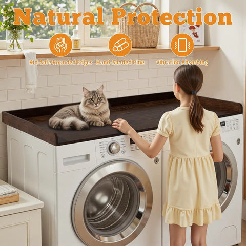 54 Inch By 27.5 Inch Wood Laundry Countertop Topper For Washer And Dryer, Sturdy Pine Wood With 2.75 Inch Edge Guard, Eco Safe No Formaldehyde Glue, Laundry Room Storage Organizer With Guard Rail For Kid Safety, featuring a cat and child.