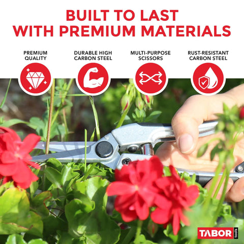 Hand using K18A Straight Pruning Shears Florist Scissors Multi Tasking Garden Snips for cutting red flowers