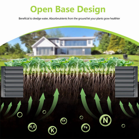 Galvanized Raised Garden Bed 8x2x2 Feet For Outdoor Vegetable Garden, root growth diagram, nutrients in soil, backyard view