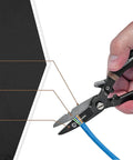 Pro Datacomm Snips For Precise Wire Cutting With Spring Loaded Blade And Textured Double Dipped Grip Serrated Edge For Clean 19 And 23 AWG Cuts Electrician Favorite For Control And Comfort held in hand with features labeled.