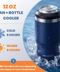 Hella Tough Navy Blue Four In One Insulated Stainless Steel Drink Koozie Fits 12 Oz Cans And Beer Bottles Transforms To Tumbler on ice.
