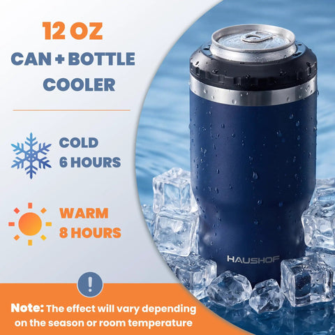 Hella Tough Navy Blue Four In One Insulated Stainless Steel Drink Koozie Fits 12 Oz Cans And Beer Bottles Transforms To Tumbler on ice.