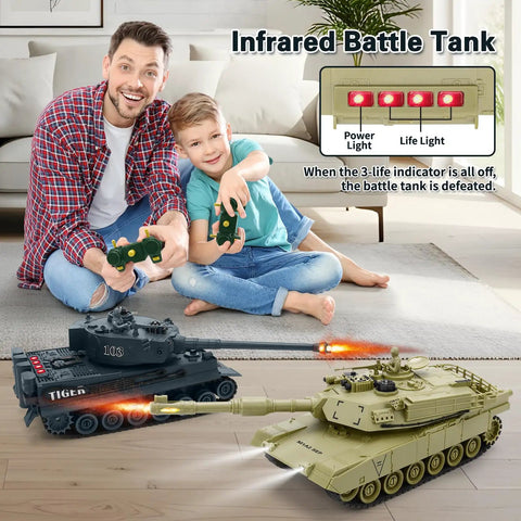 Father and son playing with Dual RC Battle Tank Set With Infrared Shooting, Realistic Lights And Sounds, 1 28 Scale Tanks