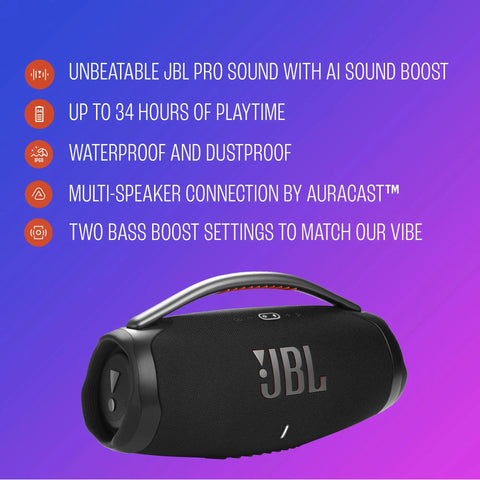 Hardest Hitting Portable Waterproof Speaker With Pro Sound And AI Boost, Dual Woofers And Tweeters, Black, front view.