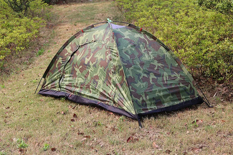 Camouflage Solo Camping Tent for Hiking Lightweight One Person Tent with Easy Setup One Entrance in nature setting.
