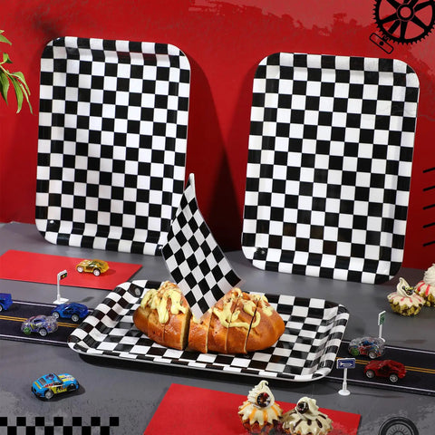Set Of Three 13 X 10 Inch Rectangular Checkered Serving Trays Black And White Racer Platters for snacks on a tabletop.