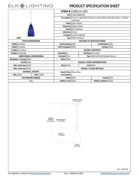 Specification sheet for Vesta Mini Pendant Light With Blue Glass In Satin Nickel Finish 1 Light Hardwired Ceiling Fixture