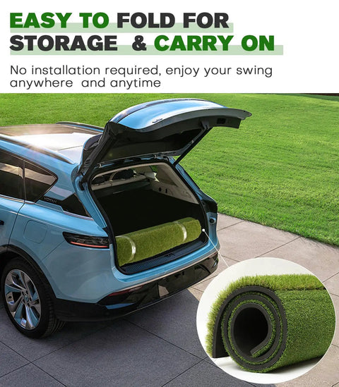 Premium Dual Turf Golf Mat for Backyard and Driving Range in car trunk, rolled up, showing easy storage and transport features.