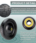 Beefed Up Heavy Duty 13 Inch Flat Free Wheel Replacement Set product details with close-up of tread and wheel hub design