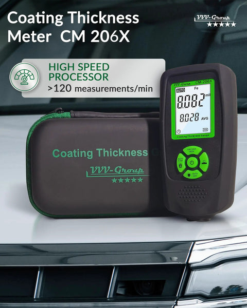 Auto Paint Thickness Gauge For Car Panels CM-206X Coating Meter With 0 To 59.1 Mils Range And 0.001 Mil Resolution Fe NFe Zn Auto Detection Ruby Probe Great For Door Hood Roof And Quarter Panel Inspections, black green case