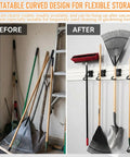 Garage wall with 4 Pack S Hooks For Wall Storage System Heavy Duty Curved Pivot Garage Hooks holding garden tools in neat arrangement.